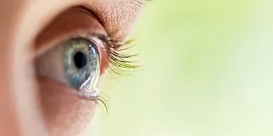 Close-up of a blue eye with eyelashes.