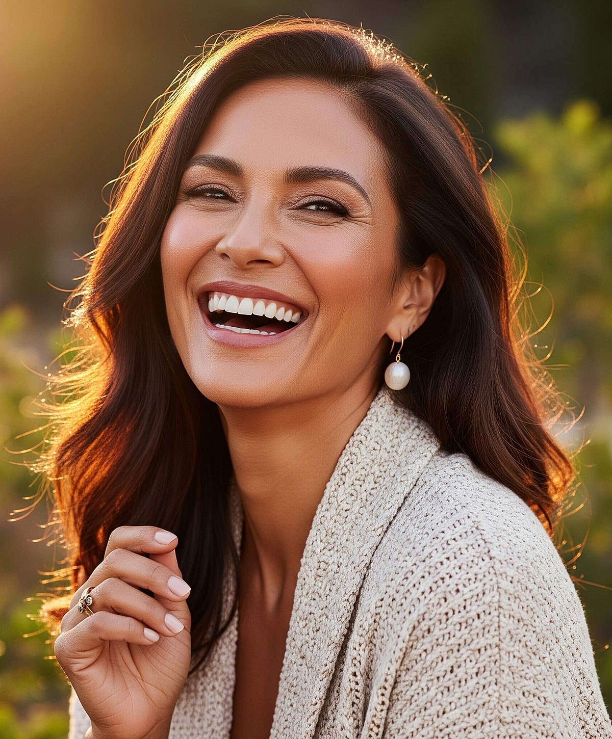 Woman smiling in sunset by the beach.
