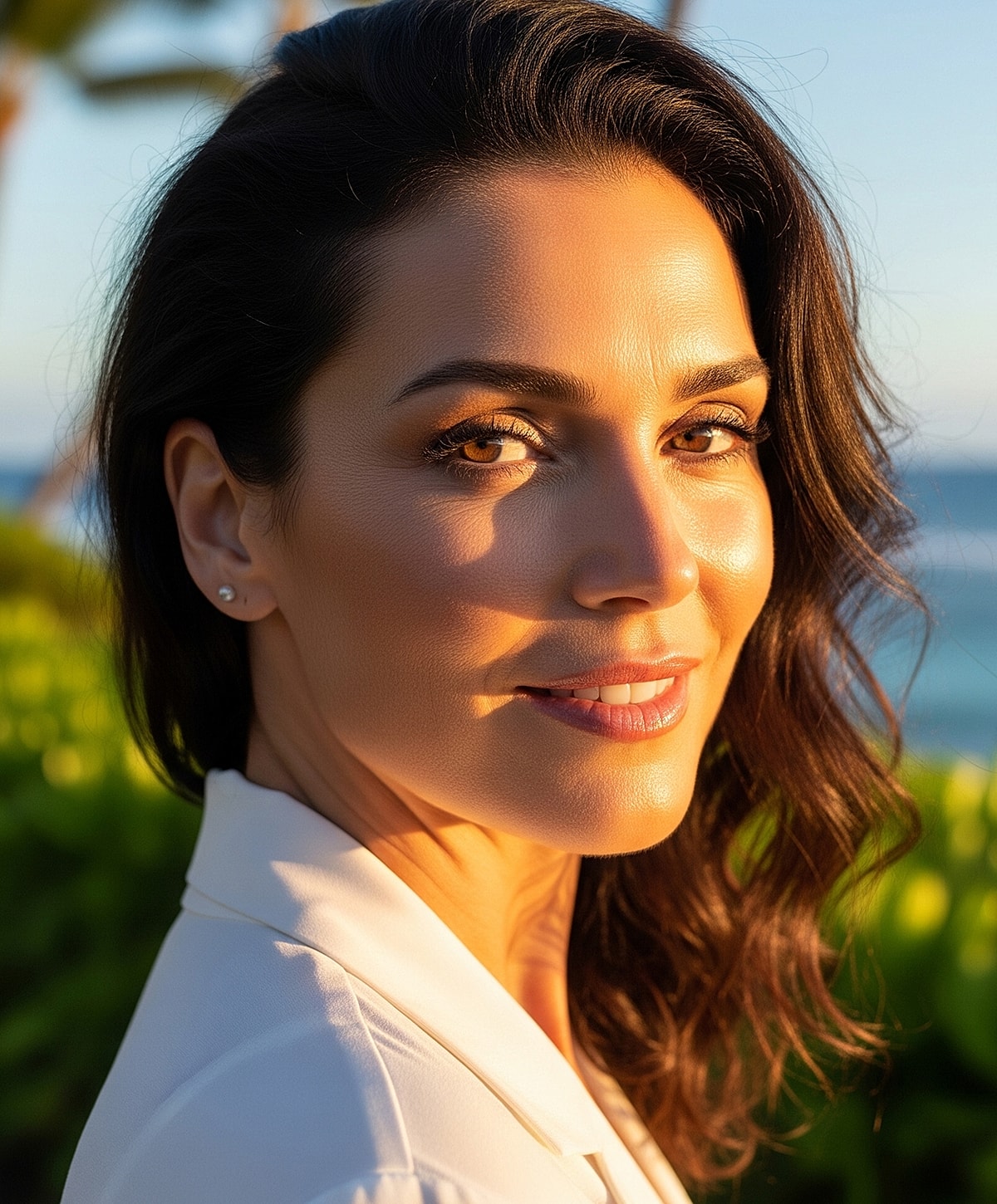 Smiling woman in white dress by a pool.