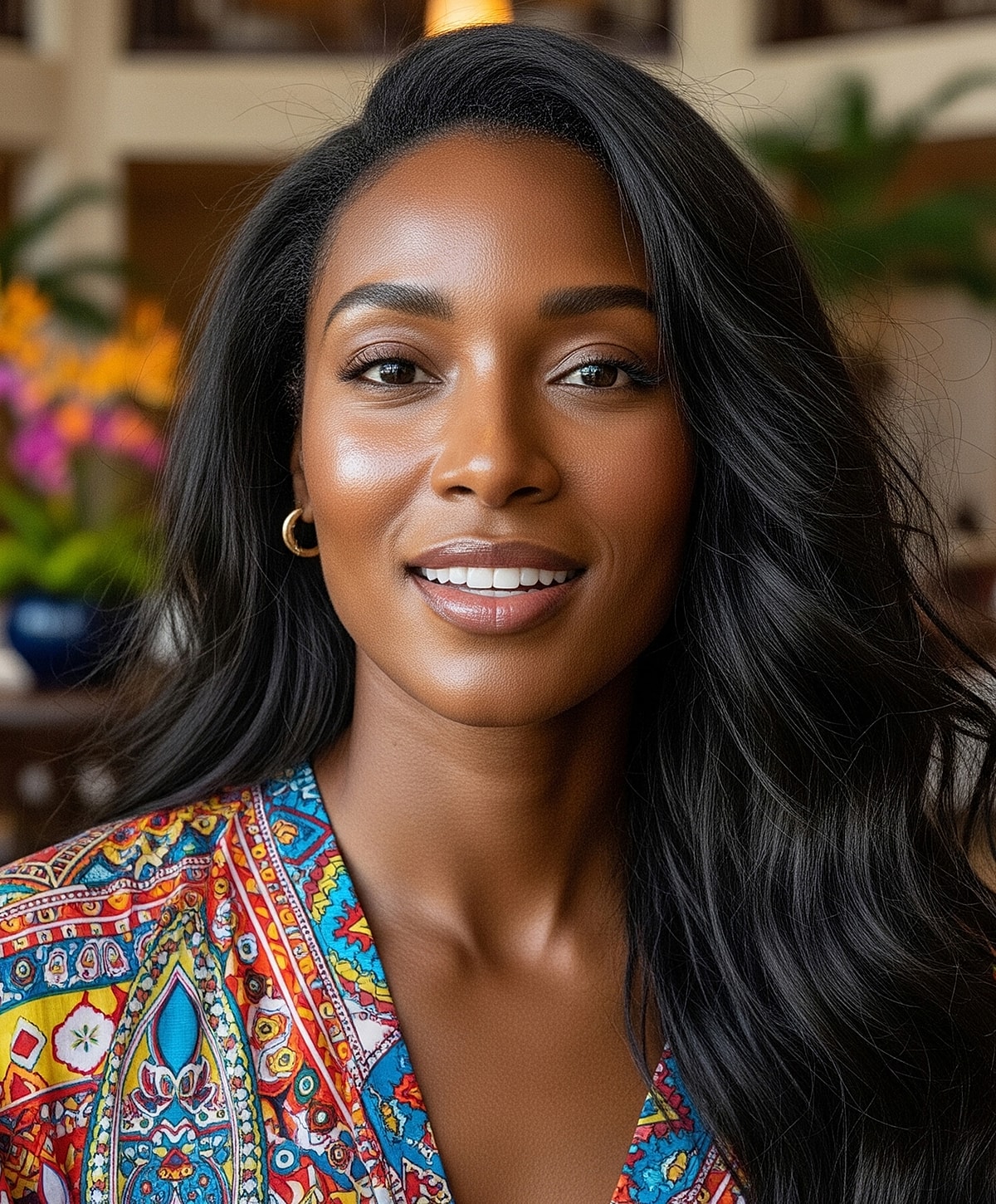 Smiling woman in white dress by a pool.