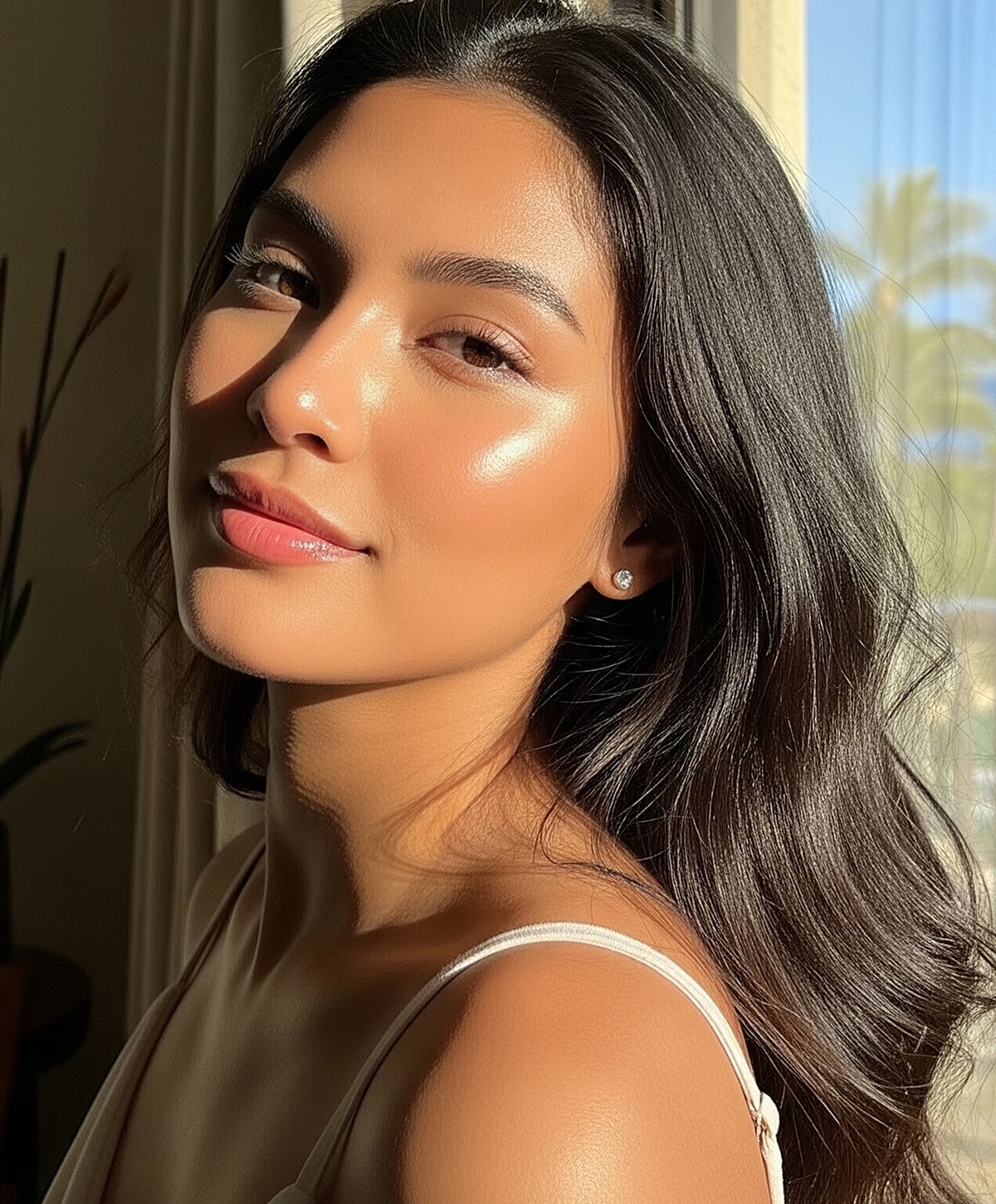 Woman smiling in sunset by the beach.