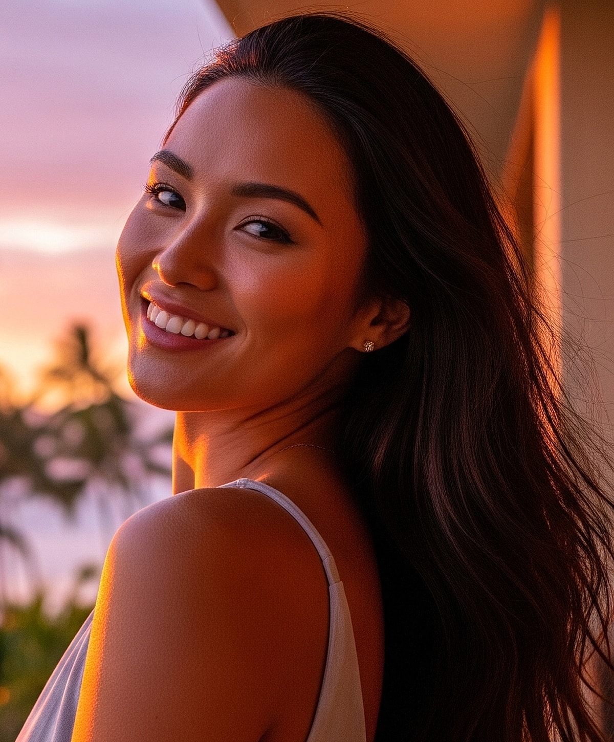 Smiling woman against a sunset backdrop.