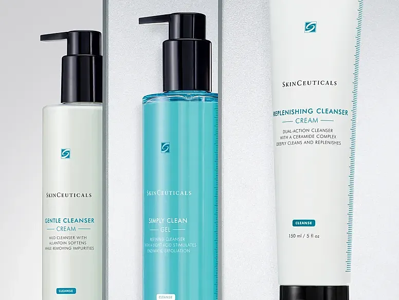 SkinCeuticals facial cleansers in various packaging.